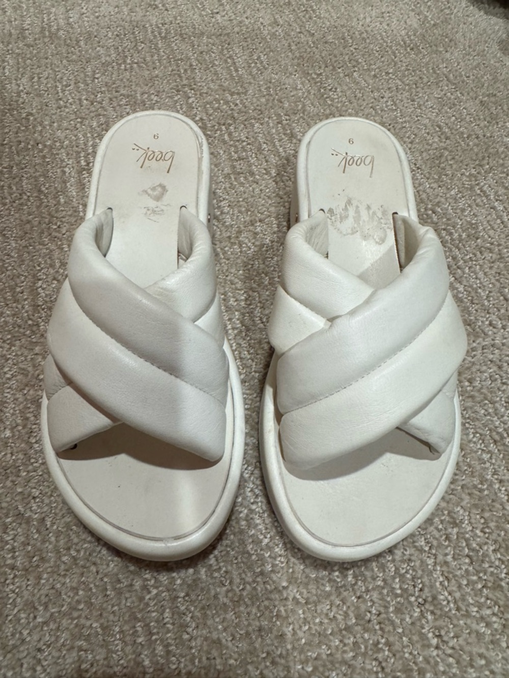 Beek Stork wedge sandal white leather platform 9 padded strap heel